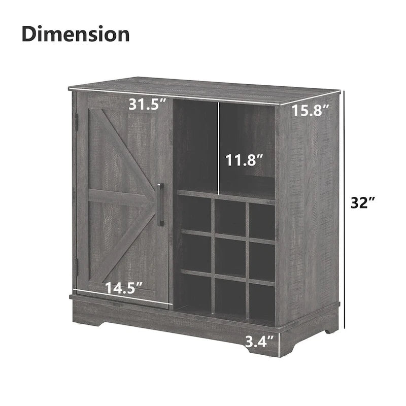 Credenza a buffet con porta scorrevole a grana di legno Espresso/Grigio con portabottiglie – Stile retrò, unità singola