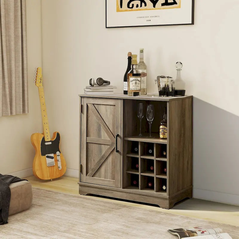 Credenza a buffet con porta scorrevole a grana di legno Espresso/Grigio con portabottiglie – Stile retrò, unità singola