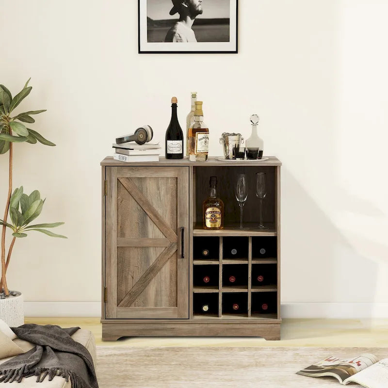 Credenza a buffet con porta scorrevole a grana di legno Espresso/Grigio con portabottiglie – Stile retrò, unità singola