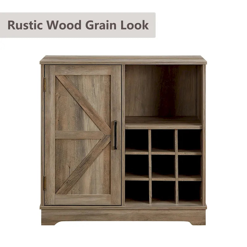 Credenza a buffet con porta scorrevole a grana di legno Espresso/Grigio con portabottiglie – Stile retrò, unità singola
