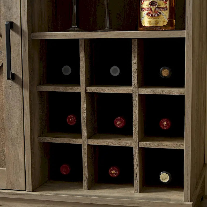 Credenza a buffet con porta scorrevole a grana di legno Espresso/Grigio con portabottiglie – Stile retrò, unità singola