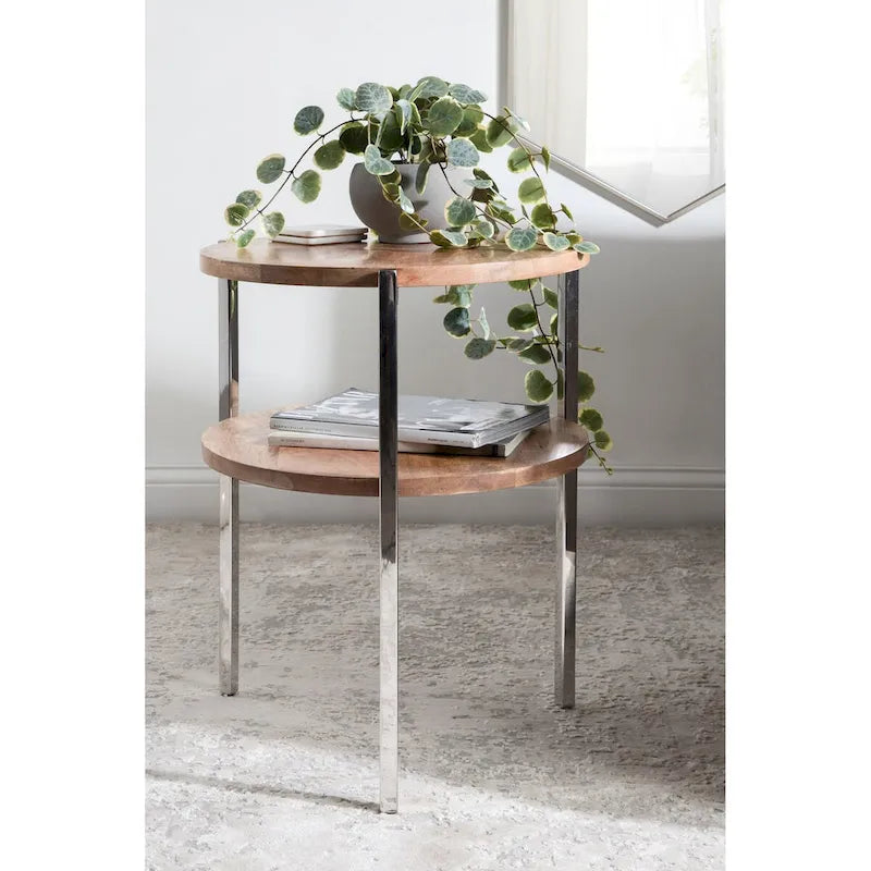Tavolino rotondo a 2 ripiani naturale/argento, 48x48x63 cm, per 1 persona