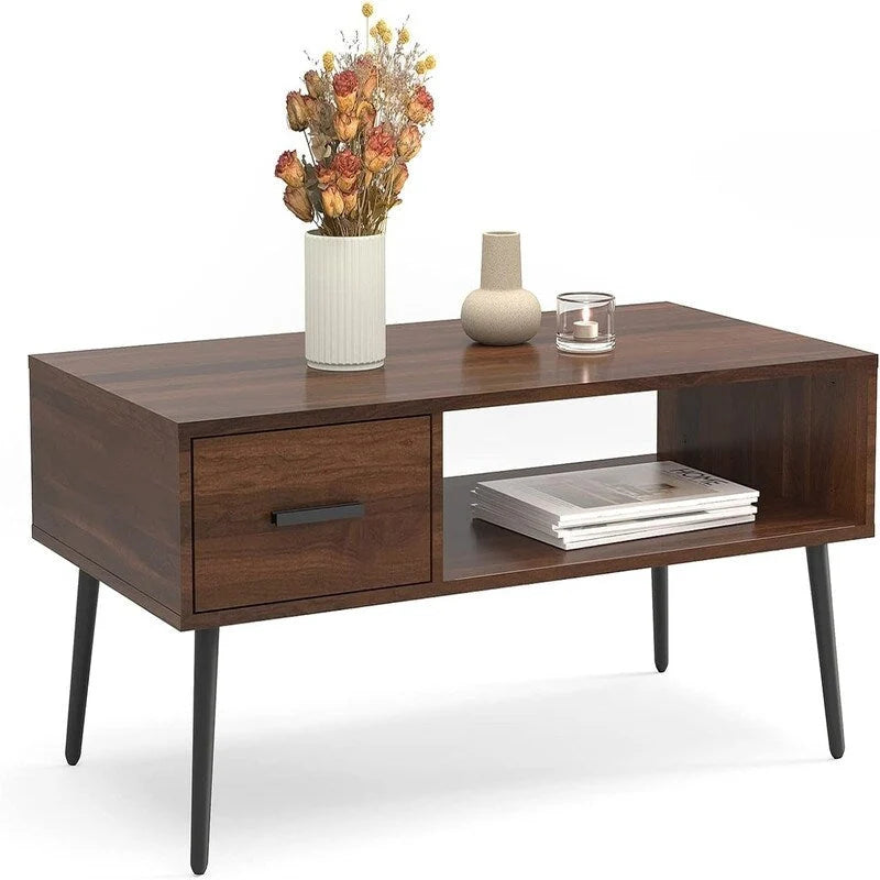 Tavolino da Caffè Mid Century Modern con Cassetto – Marrone Rustico / Noce, Assemblaggio per 1 Persona
