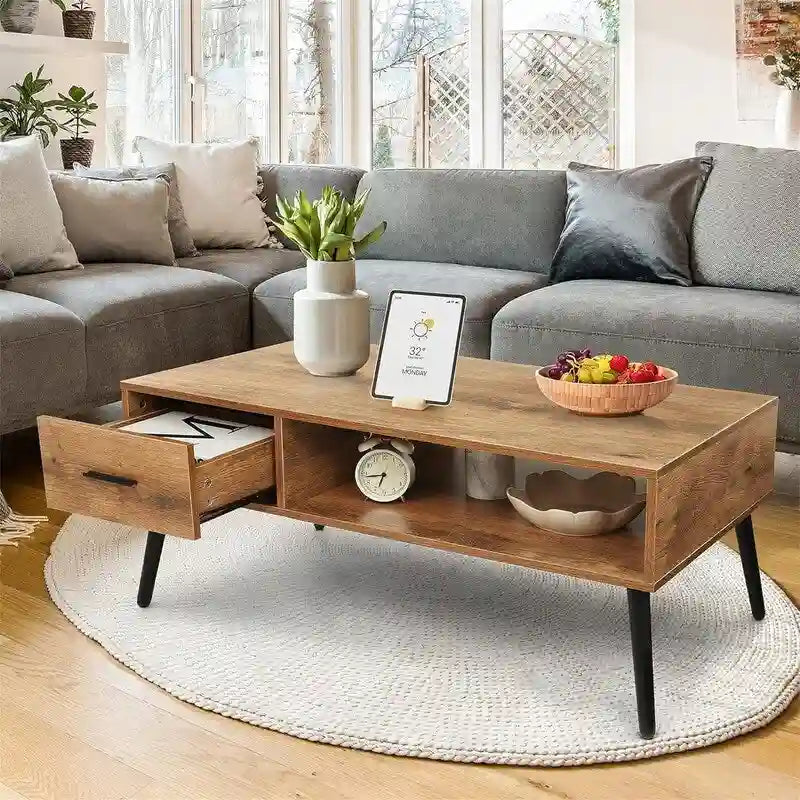 Tavolino da Caffè Mid Century Modern con Cassetto – Marrone Rustico / Noce, Assemblaggio per 1 Persona