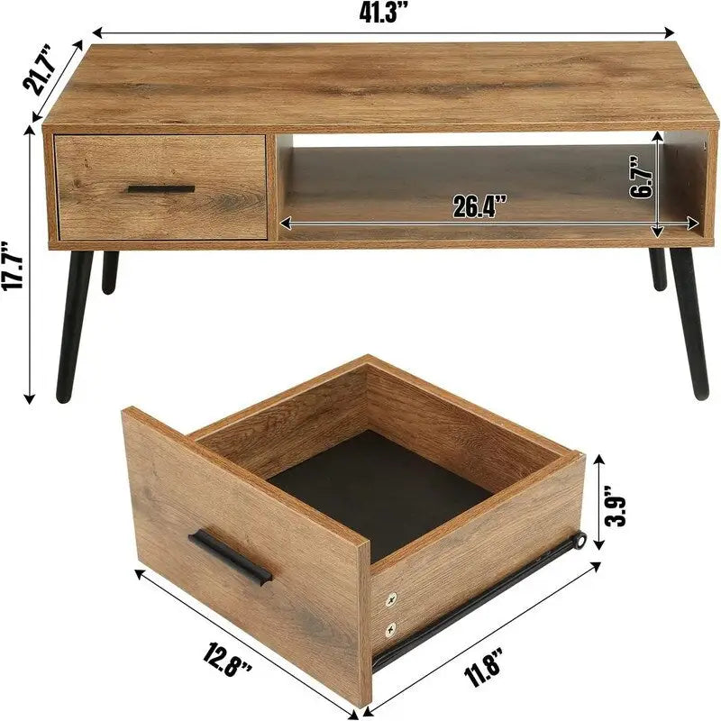 Tavolino da Caffè Mid Century Modern con Cassetto – Marrone Rustico / Noce, Assemblaggio per 1 Persona