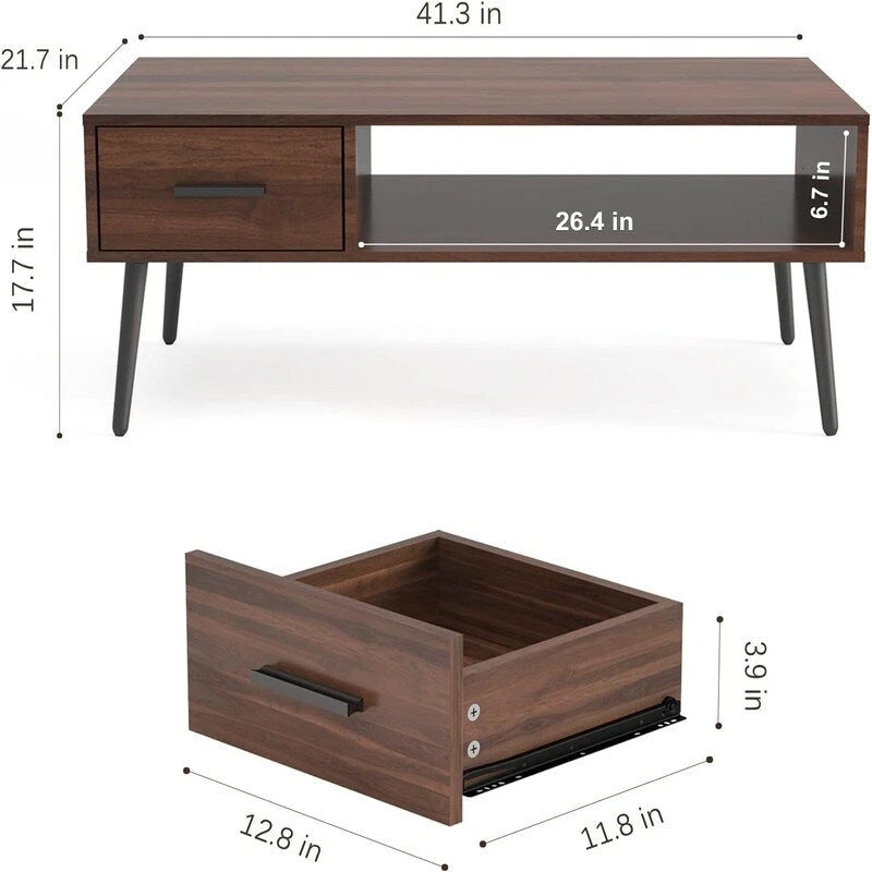 Tavolino da Caffè Mid Century Modern con Cassetto – Marrone Rustico / Noce, Assemblaggio per 1 Persona