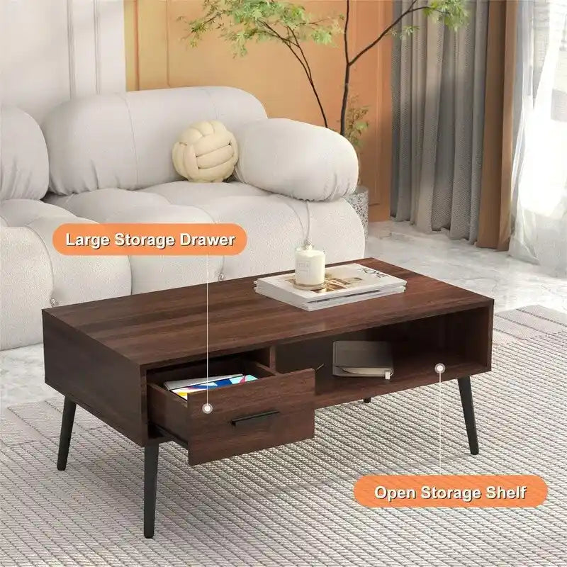 Tavolino da Caffè Mid Century Modern con Cassetto – Marrone Rustico / Noce, Assemblaggio per 1 Persona