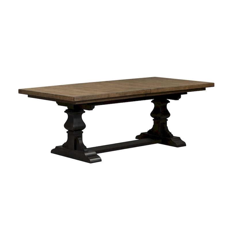 Set tavolo da pranzo con gambe a cavalletto lavagna Brown, sedie con schienale a doghe, 5 posti a sedere
