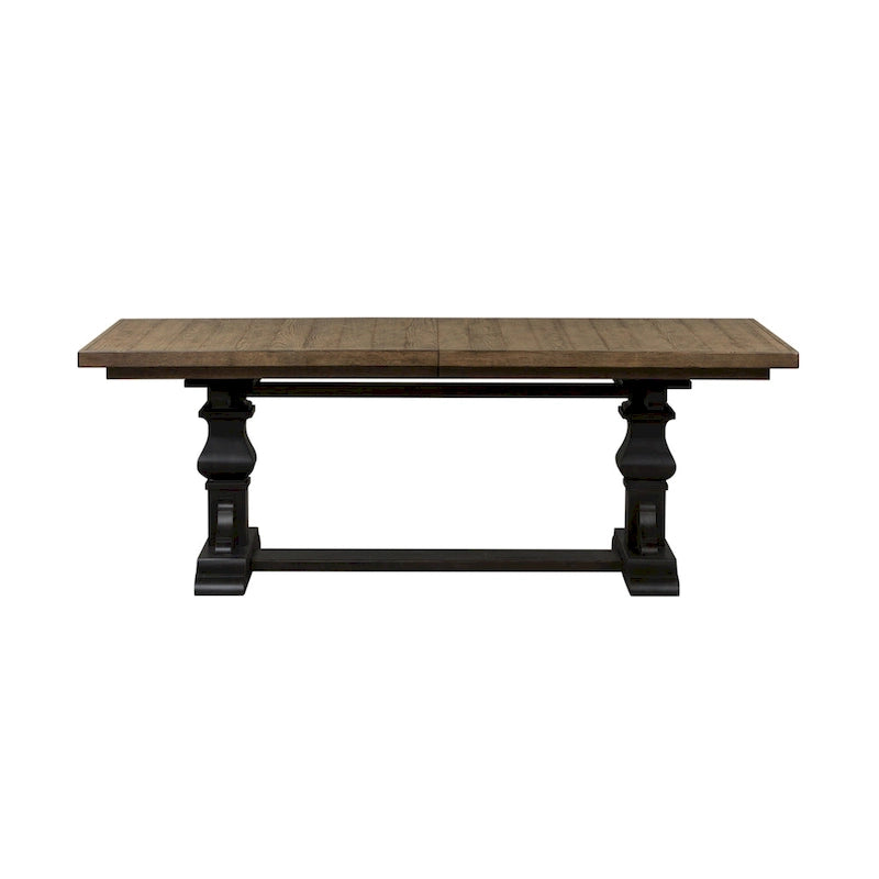 Set tavolo da pranzo con gambe a cavalletto lavagna Brown, sedie con schienale a doghe, 5 posti a sedere
