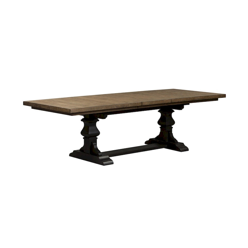 Set tavolo da pranzo con gambe a cavalletto lavagna Brown, sedie con schienale a doghe, 5 posti a sedere