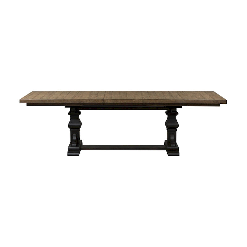 Set tavolo da pranzo con gambe a cavalletto lavagna Brown, sedie con schienale a doghe, 5 posti a sedere