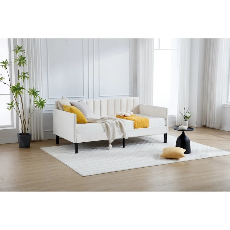 Divano letto singolo imbottito avorio/beige con schienale trapuntato a coste – Boucle e velluto, 1 posto a sedere