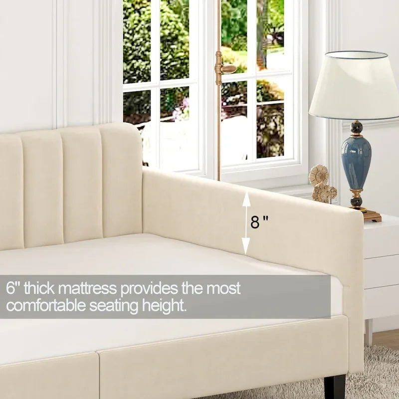 Divano letto singolo imbottito avorio/beige con schienale trapuntato a coste – Boucle e velluto, 1 posto a sedere