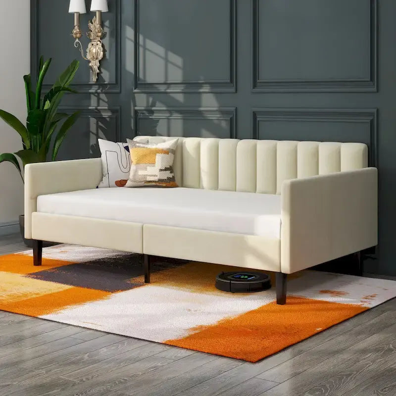 Divano letto singolo imbottito avorio/beige con schienale trapuntato a coste – Boucle e velluto, 1 posto a sedere