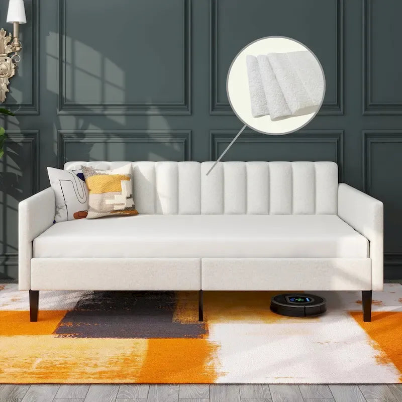 Divano letto singolo imbottito avorio/beige con schienale trapuntato a coste – Boucle e velluto, 1 posto a sedere