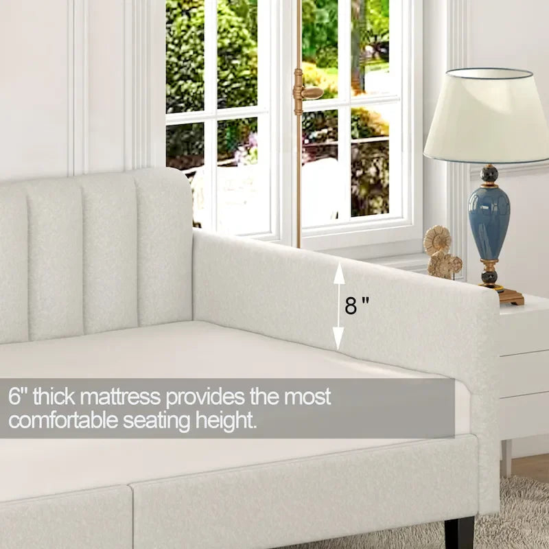 Divano letto singolo imbottito avorio/beige con schienale trapuntato a coste – Boucle e velluto, 1 posto a sedere