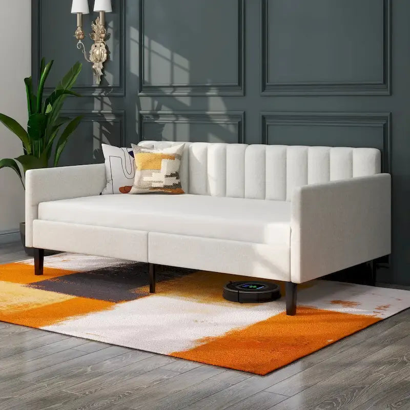 Divano letto singolo imbottito avorio/beige con schienale trapuntato a coste – Boucle e velluto, 1 posto a sedere