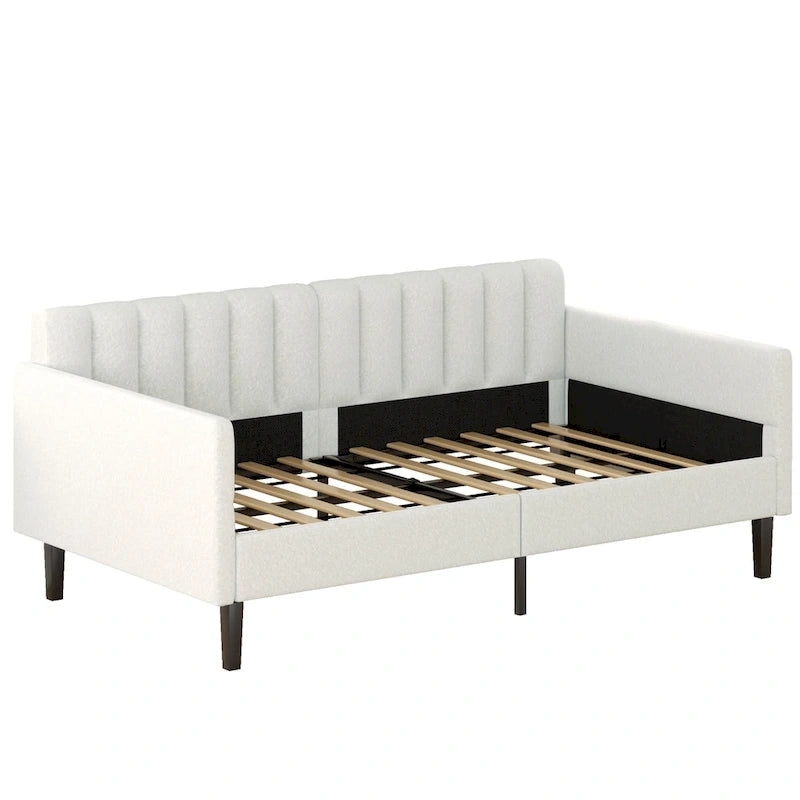 Divano letto singolo imbottito avorio/beige con schienale trapuntato a coste – Boucle e velluto, 1 posto a sedere