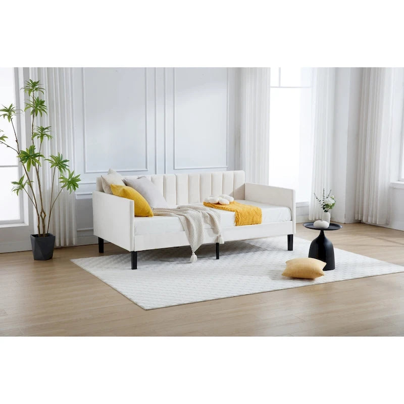 Divano letto singolo imbottito avorio/beige con schienale trapuntato a coste – Boucle e velluto, 1 posto a sedere