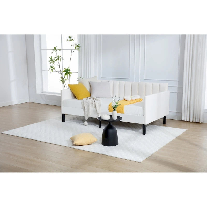 Divano letto singolo imbottito avorio/beige con schienale trapuntato a coste – Boucle e velluto, 1 posto a sedere