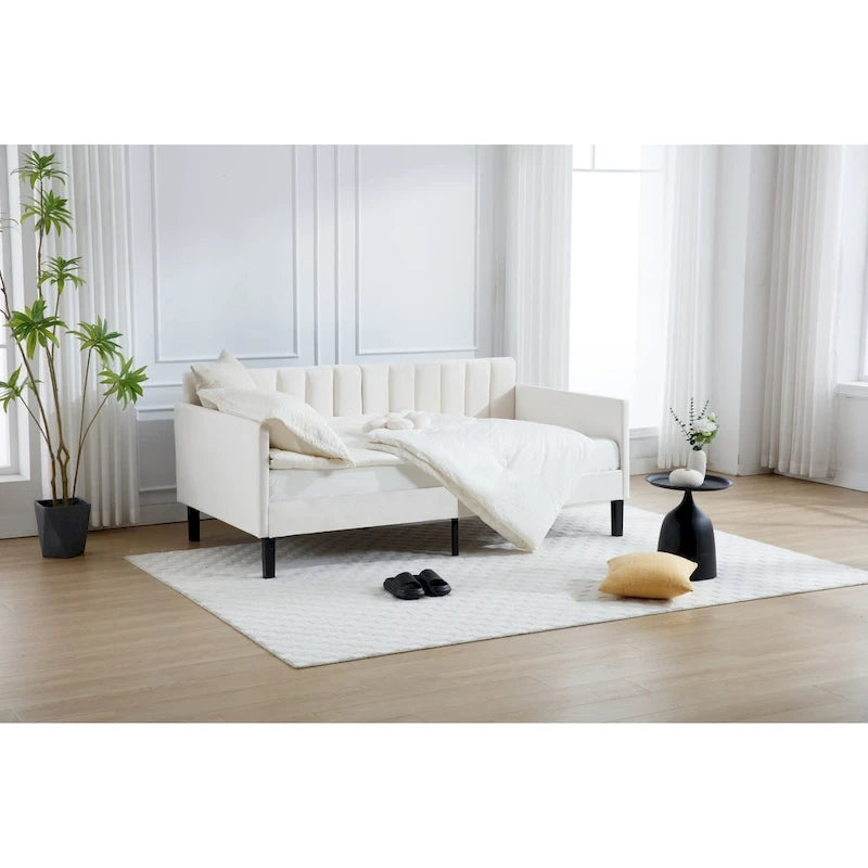 Divano letto singolo imbottito avorio/beige con schienale trapuntato a coste – Boucle e velluto, 1 posto a sedere