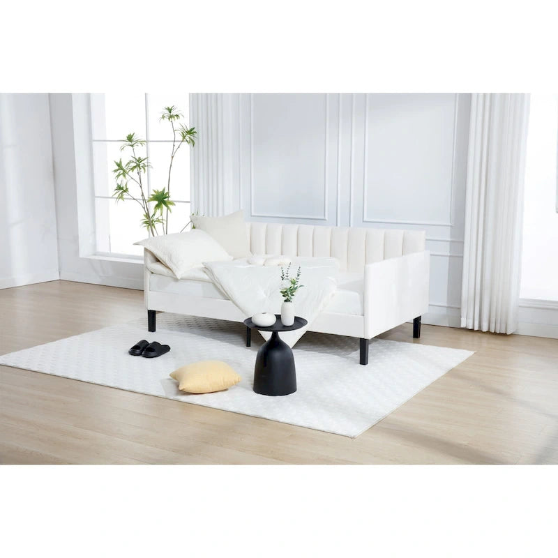 Divano letto singolo imbottito avorio/beige con schienale trapuntato a coste – Boucle e velluto, 1 posto a sedere