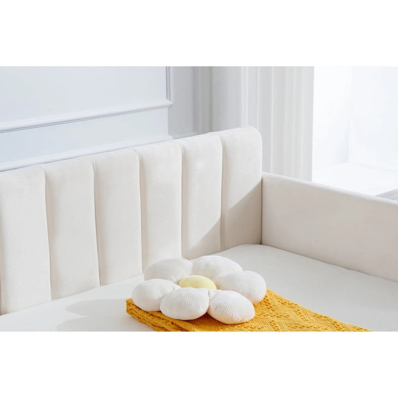 Divano letto singolo imbottito avorio/beige con schienale trapuntato a coste – Boucle e velluto, 1 posto a sedere