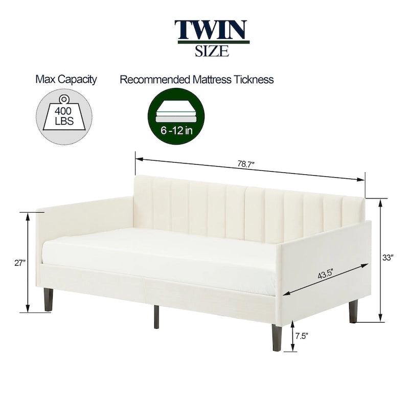 Divano letto singolo imbottito avorio/beige con schienale trapuntato a coste – Boucle e velluto, 1 posto a sedere