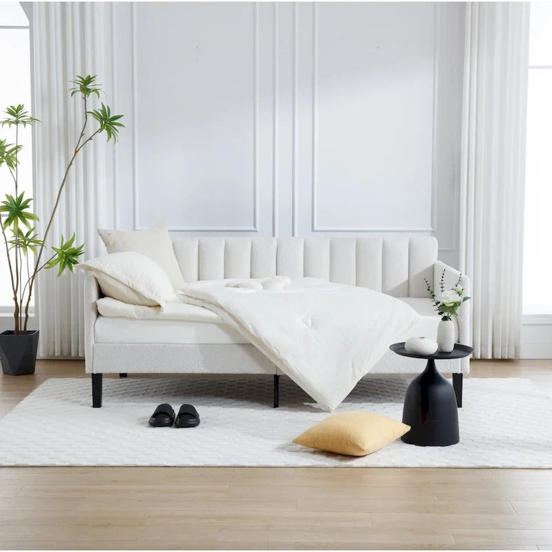 Divano letto singolo imbottito avorio/beige con schienale trapuntato a coste – Boucle e velluto, 1 posto a sedere