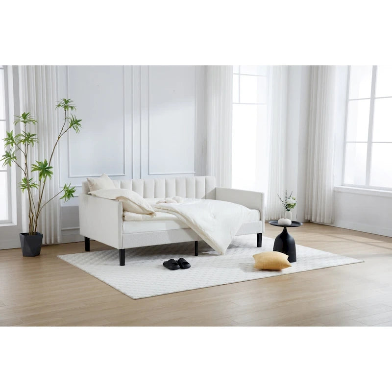 Divano letto singolo imbottito avorio/beige con schienale trapuntato a coste – Boucle e velluto, 1 posto a sedere