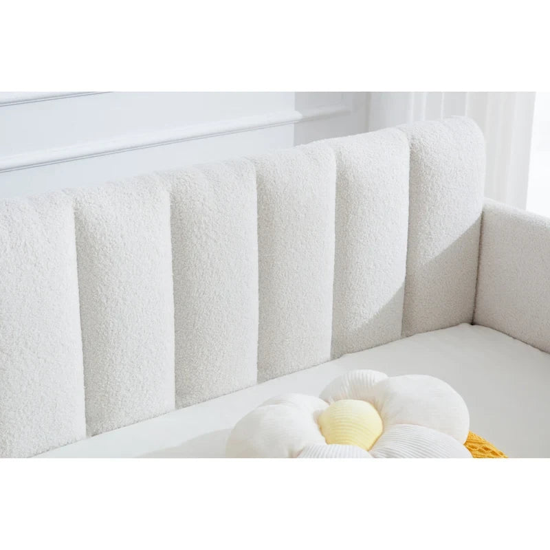 Divano letto singolo imbottito avorio/beige con schienale trapuntato a coste – Boucle e velluto, 1 posto a sedere