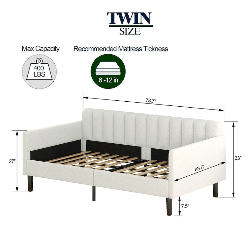 Divano letto singolo imbottito avorio/beige con schienale trapuntato a coste – Boucle e velluto, 1 posto a sedere