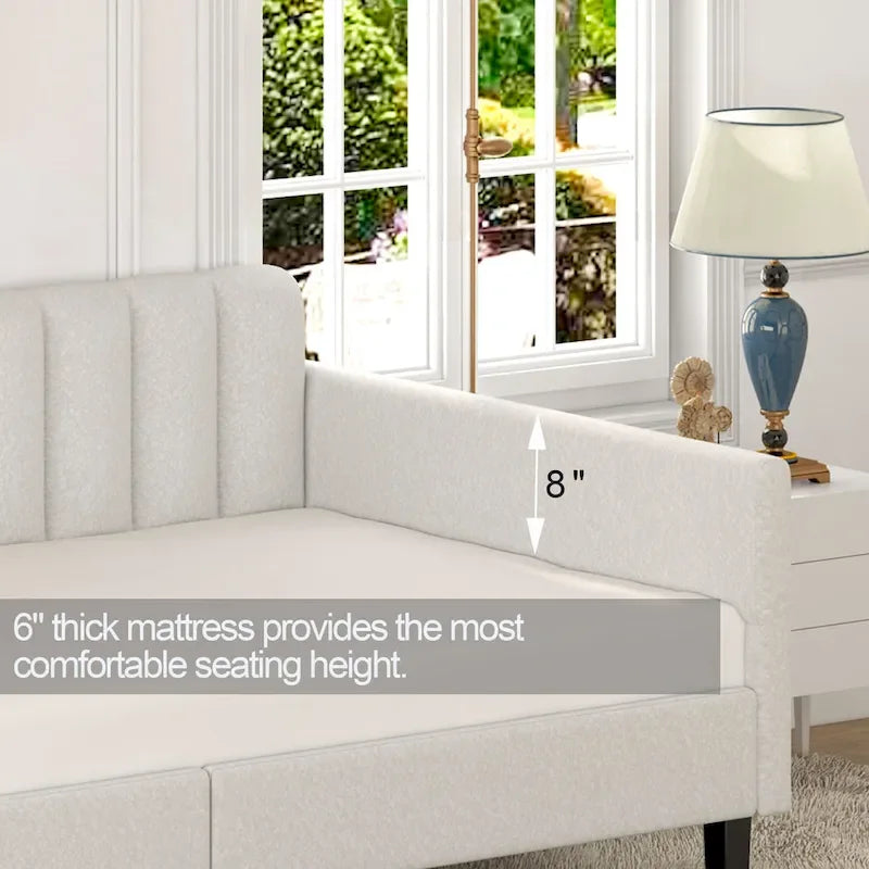 Divano letto singolo imbottito avorio/beige con schienale trapuntato a coste – Boucle e velluto, 1 posto a sedere