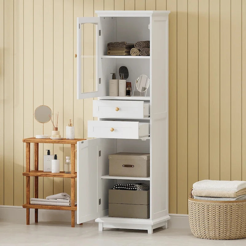 Armadietto alto da bagno bianco/nero con ante in vetro, 1 persona