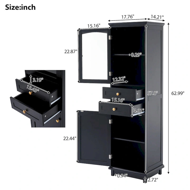 Armadietto alto da bagno bianco/nero con ante in vetro, 1 persona