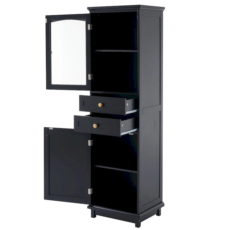 Armadietto alto da bagno bianco/nero con ante in vetro, 1 persona