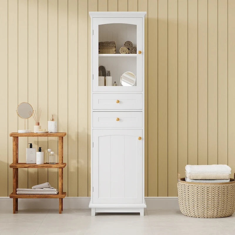 Armadietto alto da bagno bianco/nero con ante in vetro, 1 persona
