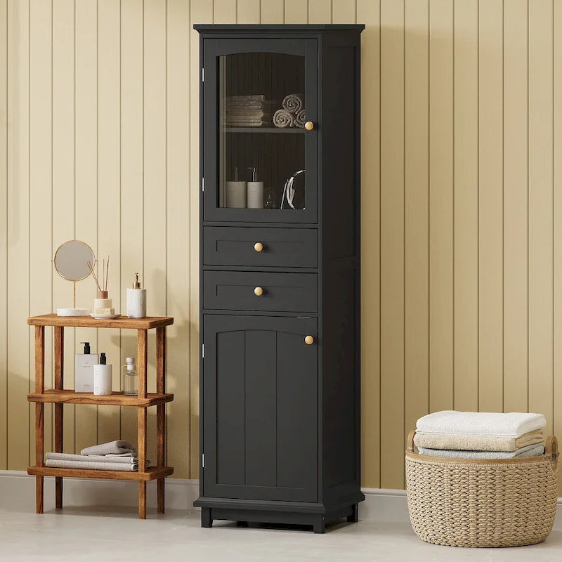 Armadietto alto da bagno bianco/nero con ante in vetro, 1 persona