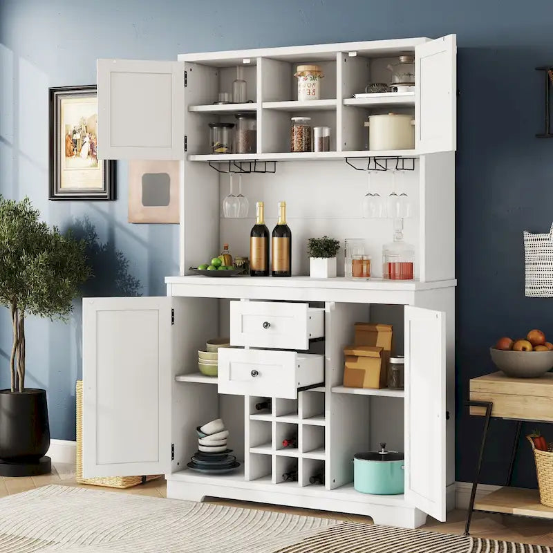 Mobile bar/caffè in rovere sbiancato/blu scuro/marrone con cassetti, ripiani e portabottiglie - Montaggio da 2 persone