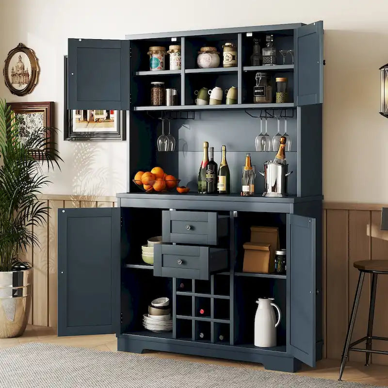 Mobile bar/caffè in rovere sbiancato/blu scuro/marrone con cassetti, ripiani e portabottiglie - Montaggio da 2 persone