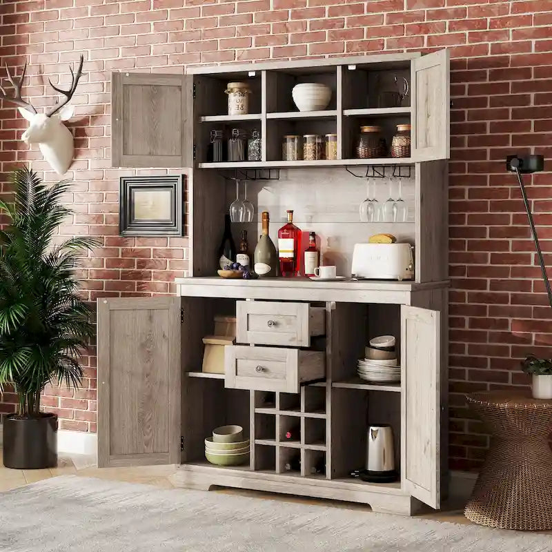 Mobile bar/caffè in rovere sbiancato/blu scuro/marrone con cassetti, ripiani e portabottiglie - Montaggio da 2 persone