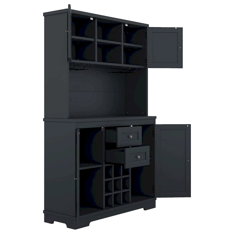 Mobile bar/caffè in rovere sbiancato/blu scuro/marrone con cassetti, ripiani e portabottiglie - Montaggio da 2 persone